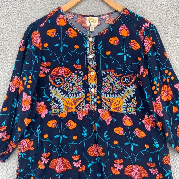 Fig & Flower Top Womens Small Navy Multi Floral 3/4 Sleeve Tunic 1/4 Button Up - Picture 2 of 10